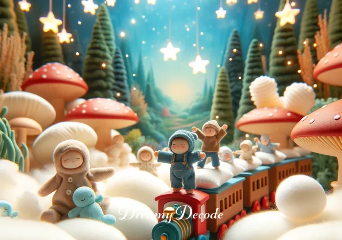 train crash dream meaning _ A whimsical scene showing miniature, cartoonish characters safely jumping off a slow-moving toy train onto soft, pillowy mounds. The background features a magical forest with oversized mushrooms and twinkling stars, emphasizing a playful and safe dream world.