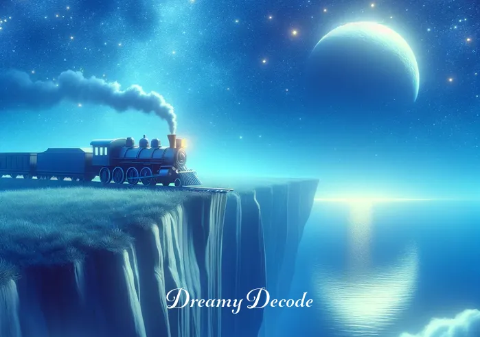 train crash dream meaning _ A surreal illustration of a toy train peacefully resting at the edge of a dreamy cliff, overlooking a serene ocean under a starlit sky. The image conveys a sense of calm and introspection, with the train symbolizing a journey's pause rather than an end.