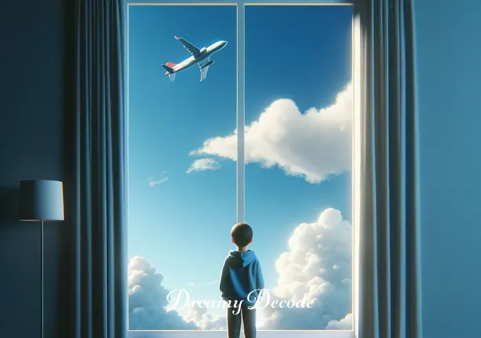 watching a plane crash dream meaning _ A dreamer standing at a window, looking out to a clear blue sky with a few fluffy clouds. In the distance, a small airplane can be seen flying peacefully. The dreamer
