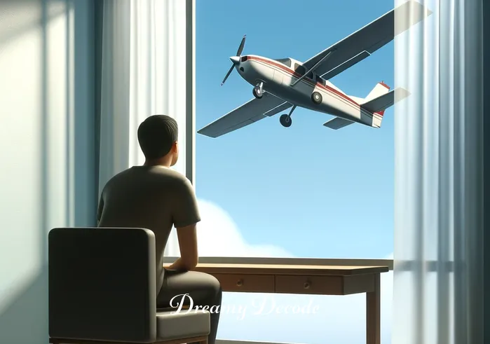watching a plane crash dream meaning _ The same dreamer now appears slightly more focused, their eyes intently following the airplane. The airplane, now a bit closer, seems to be descending slightly but still appears under control. The sky remains bright and clear, symbolizing a calm atmosphere in the dream.