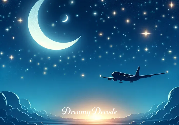 watching a plane crash dream meaning islam _ A serene night sky filled with twinkling stars and a crescent moon. In the distance, a small airplane is seen, its lights blinking softly as it glides through the air, symbolizing the beginning of a journey or a new experience.