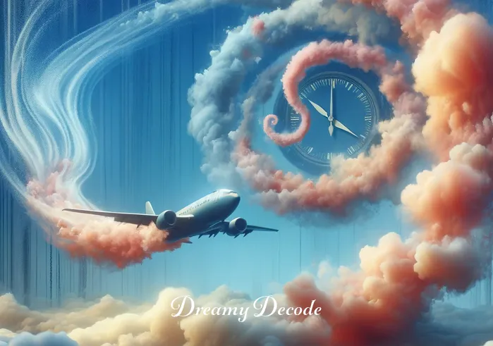 watching a plane crash dream meaning islam _ A dreamlike landscape where the airplane from earlier is now depicted with a trail of whimsical, soft, puffy clouds around it, creating an ethereal atmosphere. This represents the transition to a phase of uncertainty or challenge in the dream narrative.