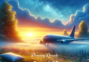 watching a plane crash dream meaning islam _ A serene dawn scene with the airplane now peacefully resting in the meadow, surrounded by blooming flowers. The background shows a beautiful sunrise, indicating a new beginning and the dreamer's acceptance and understanding of the dream's message.