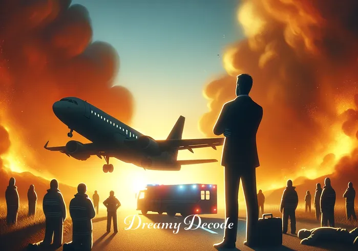 witnessing plane crash dream meaning _ The final scene depicts the person in a reflective pose, looking at the now safe airplane surrounded by emergency crews. The mood is one of relief and contemplation, with a sunset casting warm hues over the scene, symbolizing a peaceful resolution.