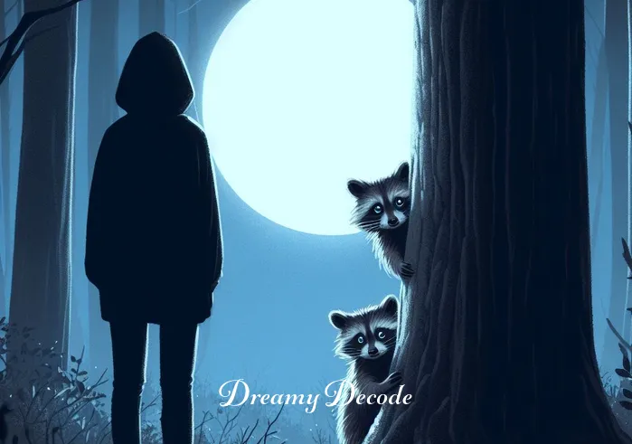 baby raccoon dream meaning _ A person standing in a serene, moonlit forest, gazing at a small, curious baby raccoon peering out from behind a tree. The raccoon