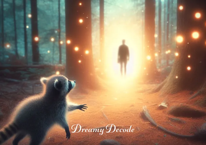 baby raccoon dream meaning _ A dreamlike scene where the baby raccoon approaches the person, standing on its hind legs. The raccoon seems to gesture towards a glowing path in the forest, inviting the person to follow.
