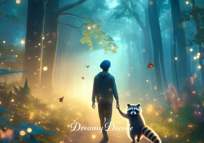 baby raccoon dream meaning _ The person and the baby raccoon walking together along the glowing path. The forest around them is bathed in soft, magical light, with fireflies dancing in the air and flowers blooming in vibrant colors.