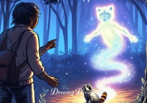 baby raccoon dream meaning _ The journey ends at a clearing where the baby raccoon transforms into a shimmering, ethereal figure, symbolizing insight and understanding. The person looks on in awe, as if receiving a profound revelation or message from the dream.