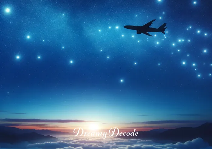 witnessing plane crash dream meaning islam _ A peaceful night sky filled with stars, where a distant airplane is seen flying with its lights twinkling, symbolizing the beginning of a dream journey.