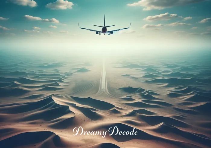 witnessing plane crash dream meaning islam _ A dreamlike, surreal scene where the airplane gently descends towards a vast, unpopulated desert landscape, evoking a sense of an unexpected journey.