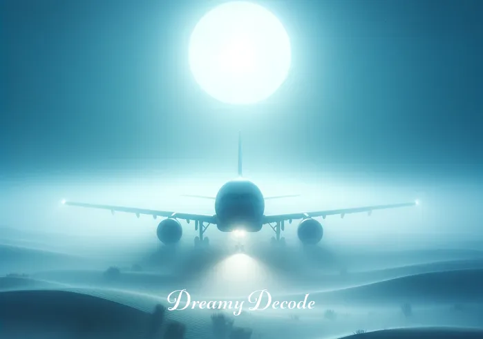 witnessing plane crash dream meaning islam _ An ethereal, misty atmosphere envelops the airplane, now safely landed in the desert. The scene is tranquil, with soft moonlight casting a serene glow, symbolizing introspection and self-discovery in the dream.