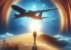 witnessing plane crash dream meaning islam _ A symbolic representation of spiritual awakening, with the dreamer standing at the edge of the desert, looking towards a rising sun. The airplane is in the background, now part of the dreamer's past experience, indicating a new beginning.