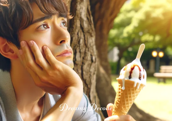 dream about ice cream meaning _ A person sitting under a tree on a sunny day, looking thoughtfully at a melting ice cream cone in their hand. The expression on their face suggests they are deep in thought, possibly reflecting on a dream they had.