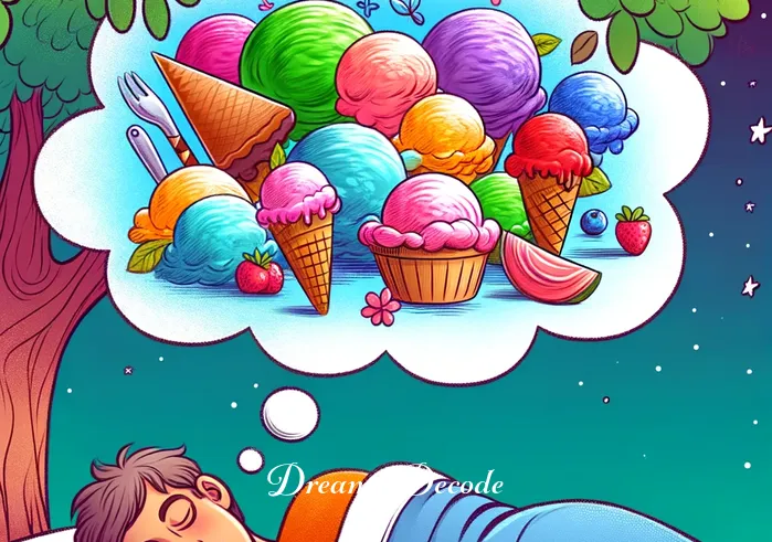 dream about ice cream meaning _ The same person now asleep under the tree, with a peaceful expression on their face. A thought bubble emerges, depicting a vibrant, dream-like scene where various flavors of ice cream float around in a colorful, whimsical landscape.