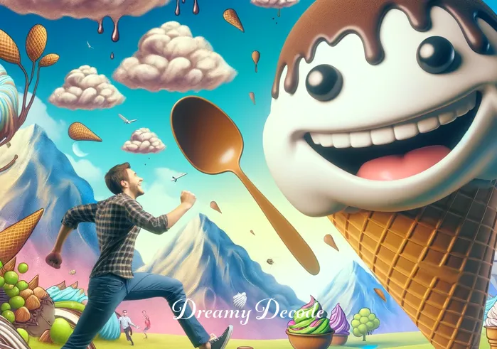 dream about ice cream meaning _ In the dream scene, the person is joyfully chasing a giant, smiling ice cream scoop through the whimsical landscape. The background is filled with surreal elements like floating waffle cones and rivers of chocolate syrup.