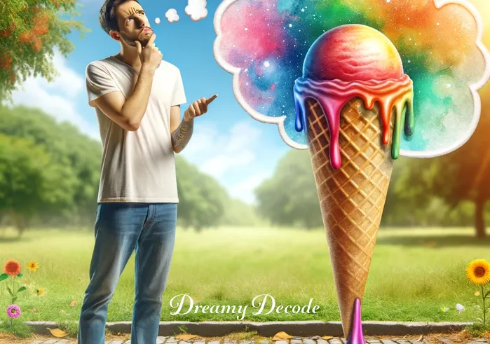 dream meaning of ice cream _ A dreamer standing in a sunny park with a puzzled expression, holding a melting ice cream cone. The ice cream, a mix of vibrant colors, drips onto the ground, symbolizing fleeting pleasure or lost opportunities.