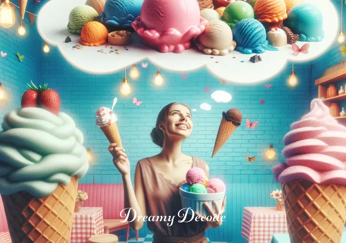 dream meaning of ice cream _ A dreamer in a whimsical ice cream shop, filled with oversized ice cream cones and vibrant decorations. They joyfully taste different samples, indicating a dream meaning of indulgence, satisfaction, and enjoying life