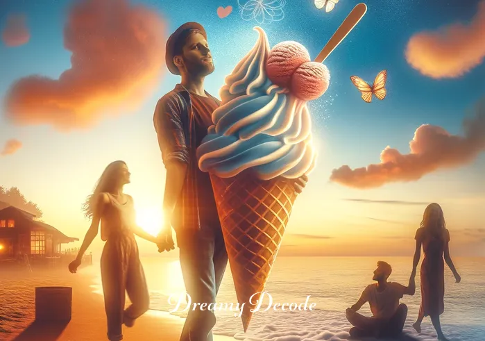 dream meaning of ice cream _ A dreamer on a peaceful beach at sunset, sharing a large ice cream sundae with friends. This image represents a dream interpretation of sharing joy and creating sweet memories with loved ones, emphasizing the importance of relationships and community.