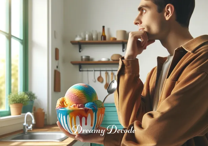 ice cream dream meaning _ A person standing in a bright, cheerful kitchen, gazing thoughtfully out of a window while holding a bowl of melting ice cream. The ice cream, a mix of vibrant colors, appears to be slowly dripping over the sides of the bowl, symbolizing a fleeting moment or a melting away of ideas or opportunities.