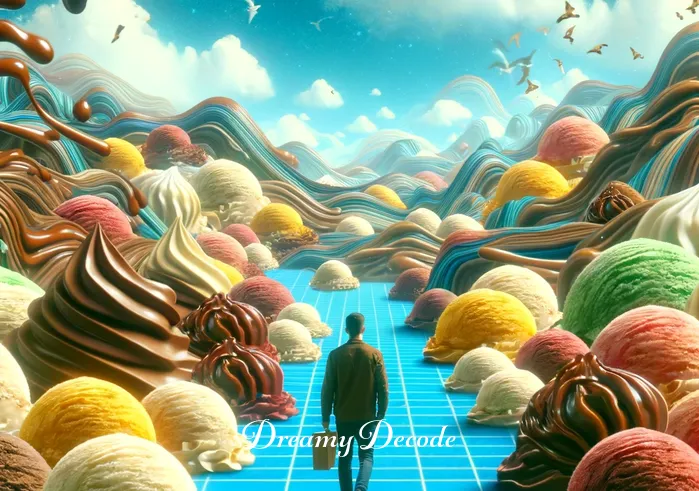 ice cream dream meaning _ A vivid dream sequence where the same person is walking through a whimsical, oversized ice cream landscape, with hills made of scoops of ice cream and rivers of chocolate syrup. The dreamer looks amazed and slightly overwhelmed, suggesting a journey through a world of overwhelming choices and sweet temptations.