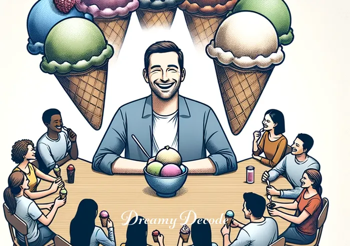 ice cream dream meaning _ The dreamer sitting at a table with a diverse group of smiling people, each enjoying different flavors of ice cream. This scene represents a gathering of ideas or choices, symbolizing social interactions, decisions, and the blending of different perspectives in the dreamer