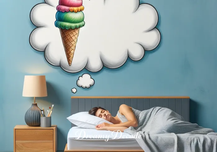 ice cream in dream meaning _ A person peacefully sleeping in a cozy bedroom, with a whimsical dream cloud above their head showing a colorful ice cream cone, symbolizing the beginning of a dream about ice cream.