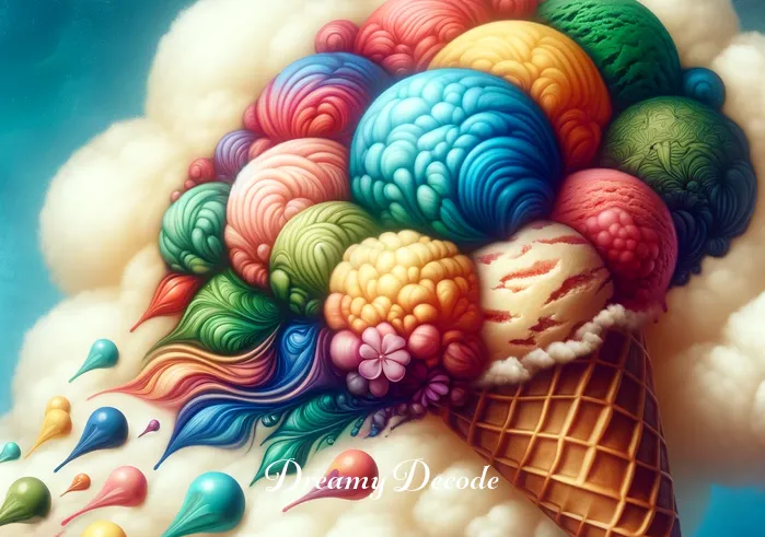 ice cream in dream meaning _ The dream cloud transforms, now illustrating a larger-than-life ice cream cone, with scoops of various flavors teetering precariously, reflecting the dream
