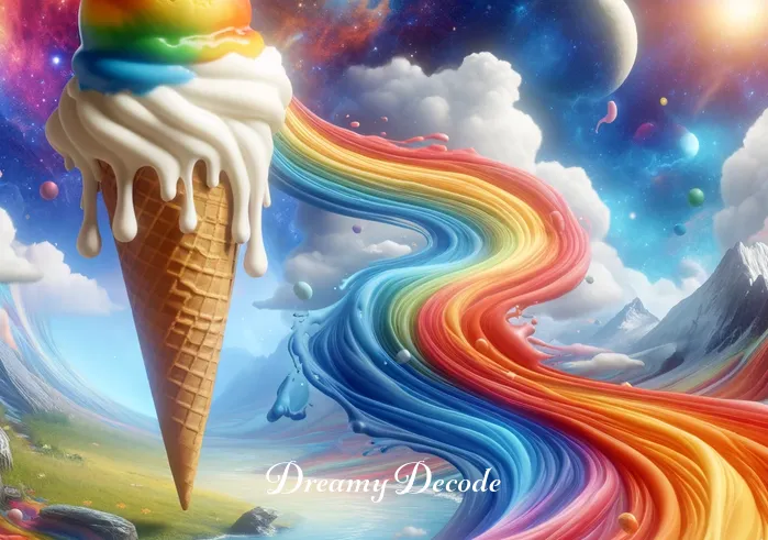 ice cream in dream meaning _ In the dream, the ice cream cone begins to melt rapidly, turning into a river of rainbow colors that flows through a fantastical landscape, representing the dream