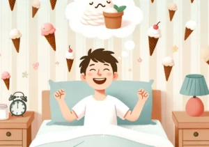 ice cream in dream meaning _ The final image in the dream shows the person waking up with a smile, surrounded by illustrations of small ice cream cones on the bedroom walls, suggesting a pleasant awakening influenced by the sweet dream.