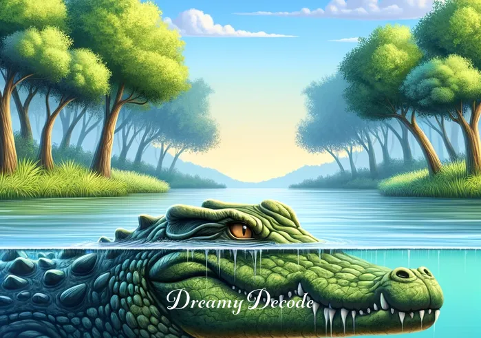 crocodile dream meaning _ A serene river with lush green banks under a clear blue sky. In the water, a crocodile is seen partially submerged, its eyes peeking above the surface, symbolizing hidden emotions or lurking challenges in a dream.