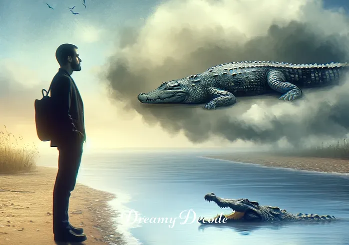 crocodile dream meaning _ A person standing on the riverbank, looking pensively at the crocodile in the water. The person