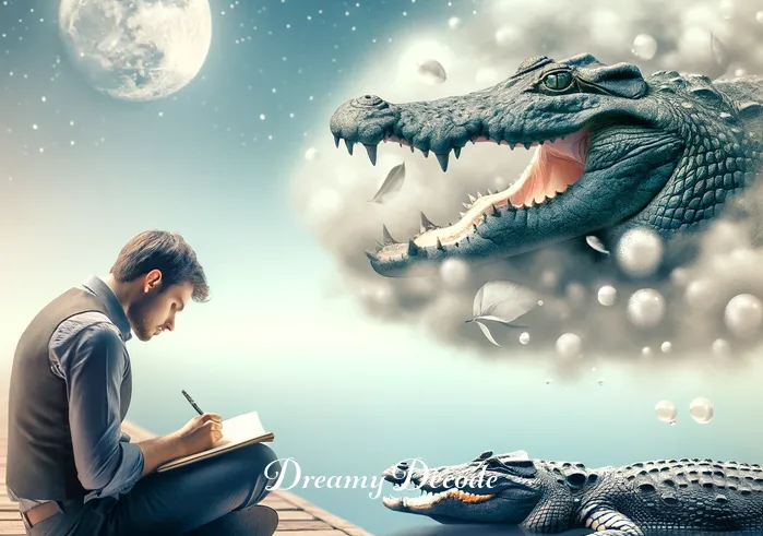 crocodile dream meaning _ The same person now seated on the riverbank, writing in a journal. The crocodile is closer to the shore, symbolizing the dreamer