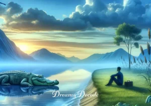 crocodile dream meaning _ The crocodile and the person are shown side by side on the riverbank, in a peaceful coexistence. This represents the dreamer's acceptance and integration of their fears or challenges, a resolution often sought in dream analysis.