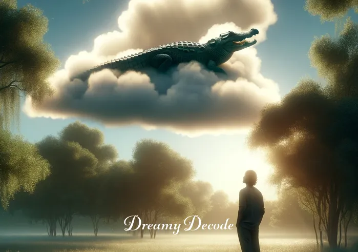crocodile in dream meaning _ A person standing in a tranquil, sunlit meadow, gazing thoughtfully at the sky. In the clouds, a faint, ethereal image of a crocodile appears, symbolizing the emergence of a dream. The scene is serene, with the crocodile