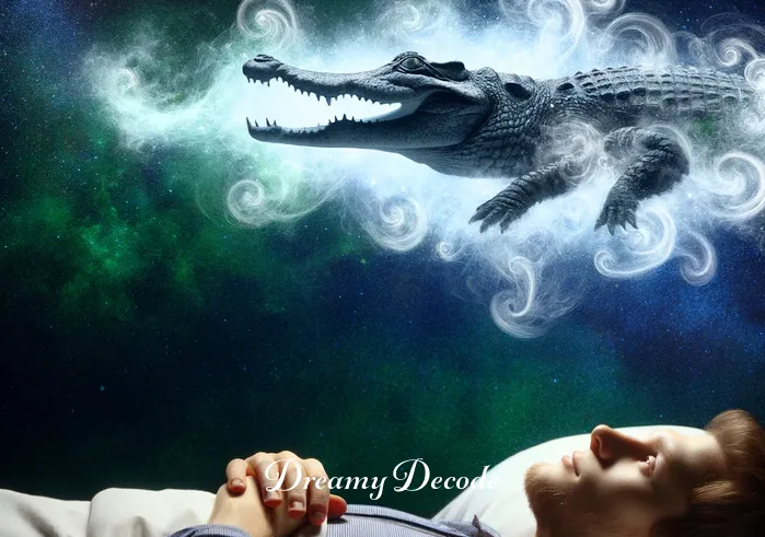 crocodile in dream meaning _ A dreamer lying in bed, with a gentle expression of wonder on their face. Above them, a semi-transparent crocodile, formed from a swirl of dream-like mist, floats in the air. This image represents the dream state where the crocodile appears, symbolizing challenges or fears that the dreamer might be facing or contemplating in their waking life.