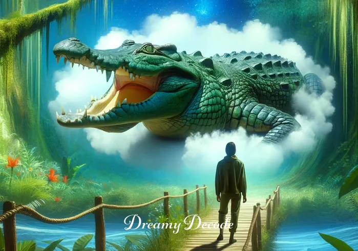 crocodile in dream meaning _ A dream sequence where the crocodile, previously ethereal, now appears vividly in a lush, jungle-like environment within the dream. The dreamer, visible in the background, watches the crocodile from a safe distance. This scene symbolizes the process of confronting and understanding deeper emotions or challenges represented by the crocodile in the dream world.