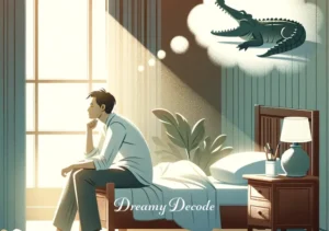 crocodile in dream meaning _ The final scene depicts the dreamer waking up, sitting on the edge of their bed with a contemplative look. The room is bathed in soft morning light. A journal and pen are on the bedside table, suggesting the dreamer is contemplating recording their crocodile dream, symbolizing the reflection and understanding of the dream's meaning in their waking life.