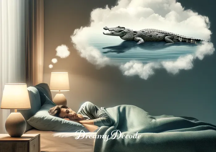 crocodile meaning in dream _ A serene bedroom with soft lighting and plush pillows, depicting a person sleeping peacefully. In the background, a dream cloud forms, showing the shadow of a crocodile swimming gently in a calm river, symbolizing the onset of a dream about crocodiles.