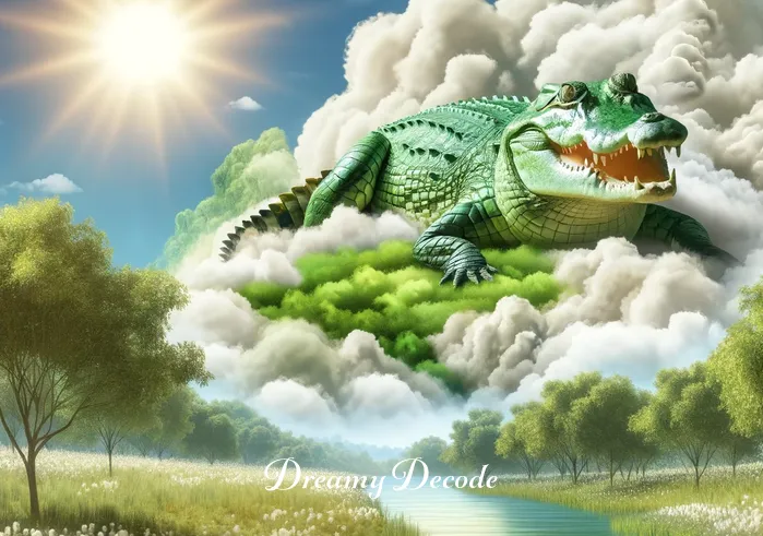 crocodile meaning in dream _ The dream cloud now shows the crocodile emerging onto the lush, green riverbank under a sunny sky. The crocodile appears friendly and approachable, reflecting a dream scenario where the crocodile symbolizes strength and resilience in a peaceful setting.
