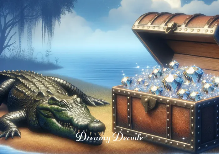 crocodile meaning in dream _ The dream evolves to show the crocodile lying beside a treasure chest on the riverbank. The chest is slightly open, revealing glittering jewels, symbolizing prosperity and success. This scene in the dream represents overcoming fears and achieving rewards.