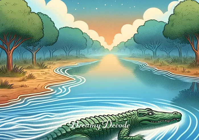 crocodile meaning in dream _ The final dream scene shows the crocodile fading away into ripples on the water's surface, leaving behind a clear, serene river. This symbolizes resolution and tranquility in the dream, suggesting a peaceful end to the dreaming experience with crocodiles.