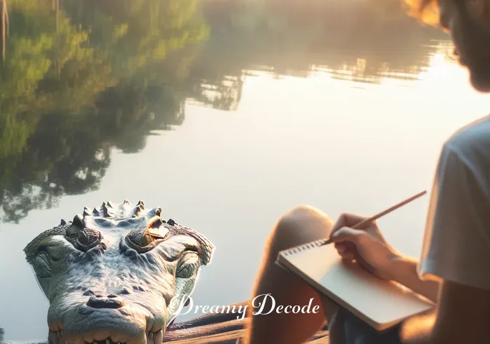 dream crocodile meaning _ A peaceful scene where a person is sitting by a tranquil riverbank, sketching in a notebook. In the background, a large, gentle-looking crocodile is partially submerged in the calm water, eyes closed as if in a serene dream. The atmosphere is calm and contemplative, with soft sunlight filtering through the trees.