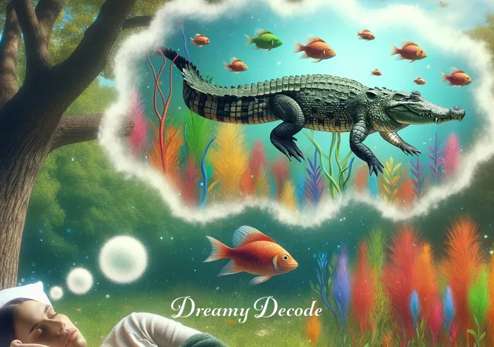 dream crocodile meaning _ A dream-like image where the same person from the first scene is now asleep under a tree, with a dream bubble showing a crocodile swimming gracefully among colorful fish and vibrant aquatic plants. The crocodile appears wise and friendly, guiding the fish through an underwater landscape.