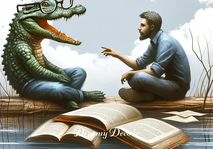 dream crocodile meaning _ An imaginative depiction of the person and the crocodile sitting together on the riverbank, engaged in a peaceful conversation. The crocodile is wearing glasses and seems to be imparting wisdom. The person is listening intently, surrounded by notes and open books, suggesting a journey of self-discovery and understanding.