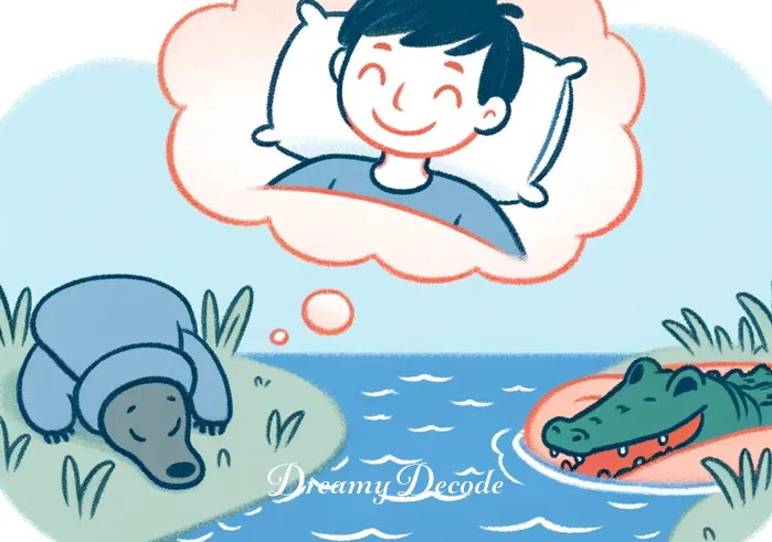 dream crocodile meaning _ A final scene where the person is waking up from their nap, smiling contentedly. The dream bubble fades, but the crocodile is still there in the river, giving a gentle nod before swimming away. The person looks inspired and refreshed, ready to embark on a new path with newfound insights from their dream.