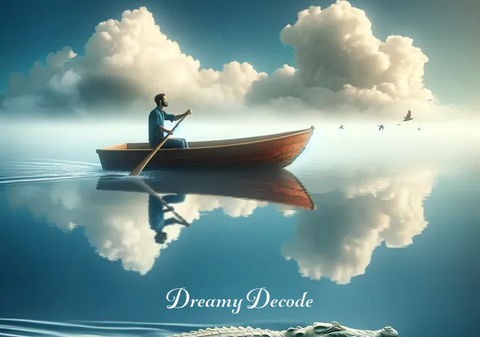 dream of crocodile meaning _ The dream shifts perspective, now showing the individual in a small, stable boat on the river, rowing gently. The crocodile, still peaceful, swims alongside the boat at a safe distance. The water reflects the sky and surroundings, creating a tranquil, harmonious atmosphere.