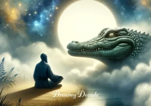 dream of crocodile meaning _ The final scene of the dream presents a symbolic moment: the individual and the crocodile are seen sitting together on the riverbank, engaged in a silent, meaningful exchange. The crocodile is portrayed as wise and serene, surrounded by a soft, ethereal glow, symbolizing insight and understanding gained from the dream.