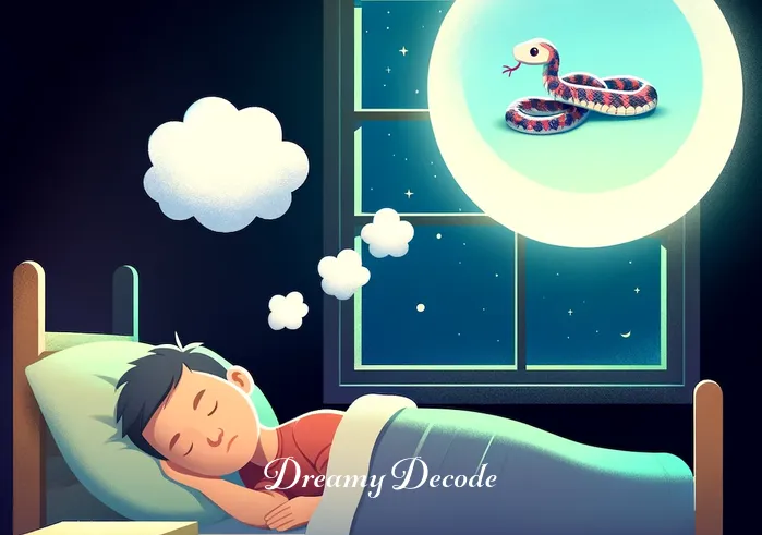 baby rattlesnake dream meaning _ A peaceful scene depicting a person asleep in a cozy bedroom, with soft moonlight filtering through the window. A small, colorful baby rattlesnake is seen in the dream bubble above the sleeping person, symbolizing the beginning of a dream sequence.