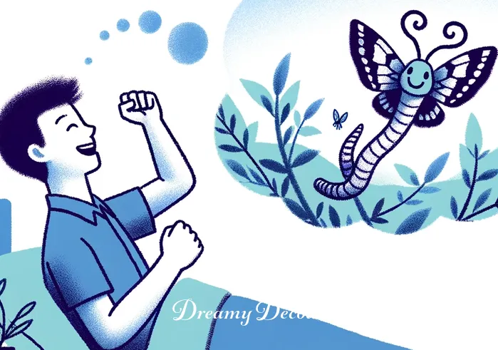 baby rattlesnake dream meaning _ The final scene returns to the bedroom, where the person is waking up, smiling, and stretching. The dream bubble fades, with the baby rattlesnake transforming into a fluttering butterfly, symbolizing awakening and the end of the dream sequence.