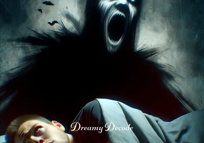 crying and screaming in dream meaning _ A shadowy figure in a dream, with exaggerated features, looming over a sleeping person. The dreamer